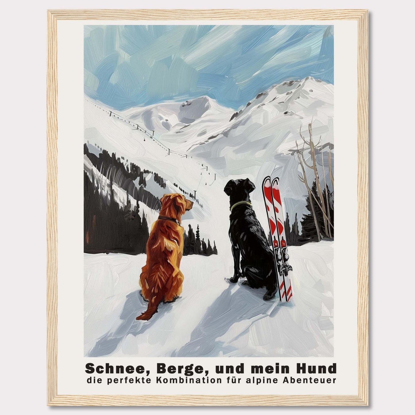 This image depicts two dogs sitting in the snow, gazing at a snowy mountain landscape. Next to them is a pair of skis, suggesting an alpine adventure. The sky is clear with a few clouds, adding to the serene and adventurous atmosphere.