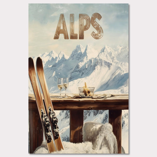 This vibrant poster captures the charm of après-ski culture with a rustic wooden terrace overlooking snow-covered mountains. The warm textures of fur throws and the elegant wine glasses create an inviting post-ski ambiance.