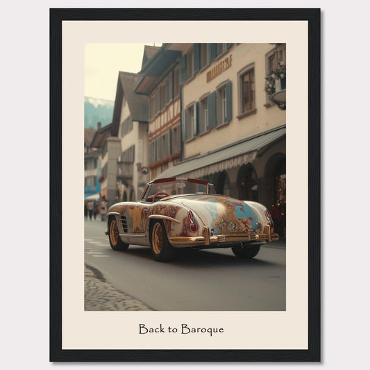 This captivating image showcases a vintage car adorned with intricate Baroque-style artwork, driving through a quaint European street lined with charming buildings. The scene is set against a backdrop of mountains, adding to the picturesque atmosphere.