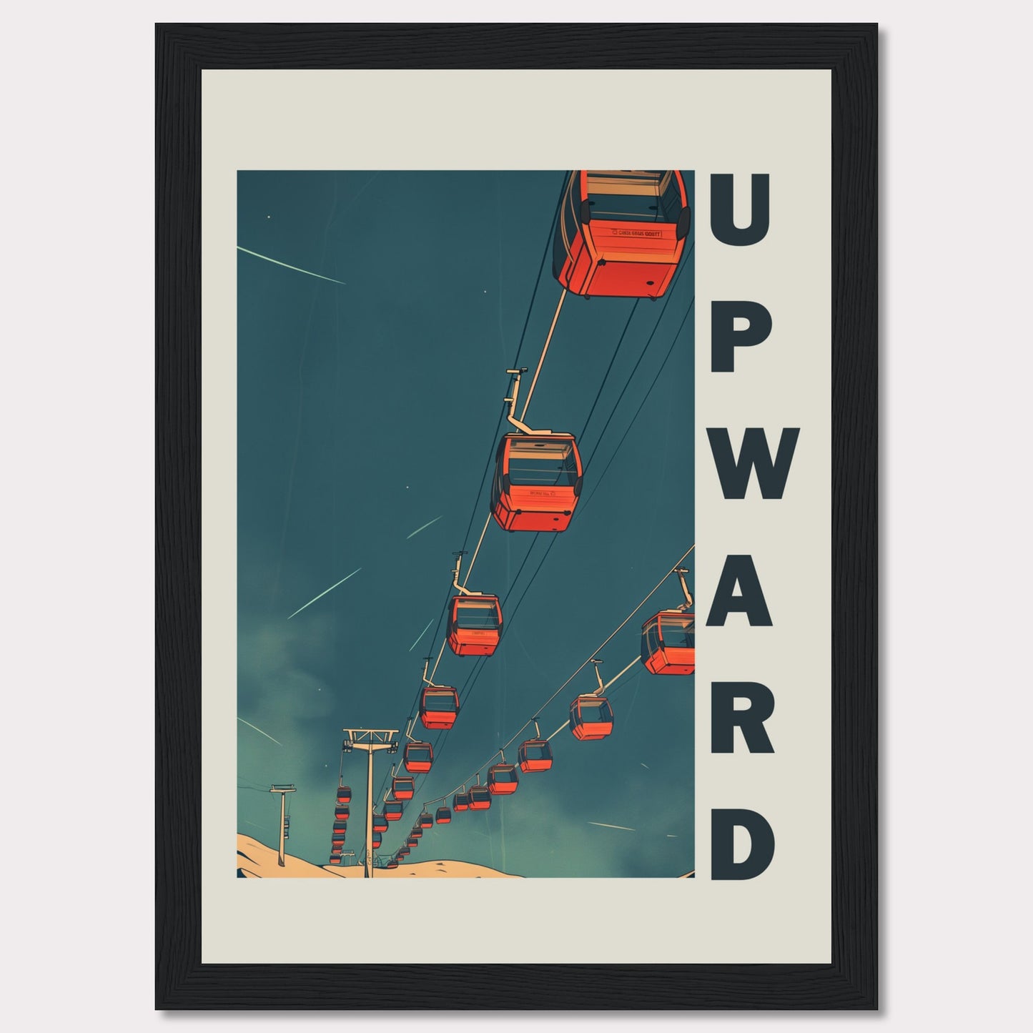 This striking artwork features a series of red cable cars ascending into a deep blue sky, evoking a sense of adventure and upward momentum. The word "UPWARD" is boldly displayed along the right side, reinforcing the theme of progress and elevation.