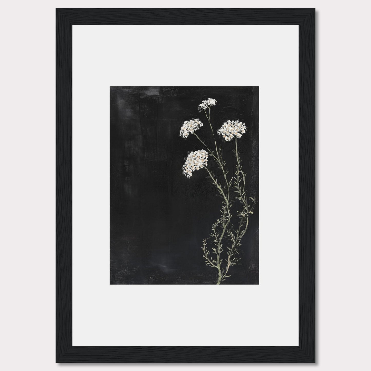 This elegant framed artwork features delicate white flowers against a deep black background, creating a striking contrast. The minimalist design emphasizes the natural beauty of the floral arrangement, making it a perfect addition to any modern interior.