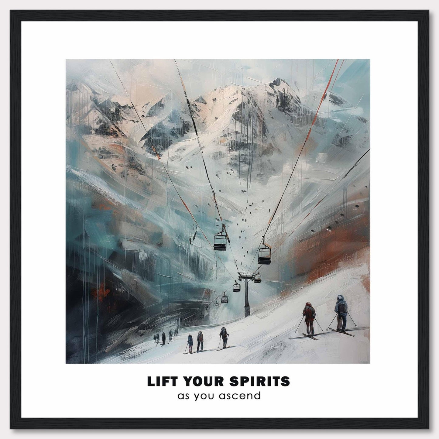 This image showcases a serene mountain landscape with ski lifts ascending towards snowy peaks. The scene features skiers at the base, ready to embark on their journey up the slopes.