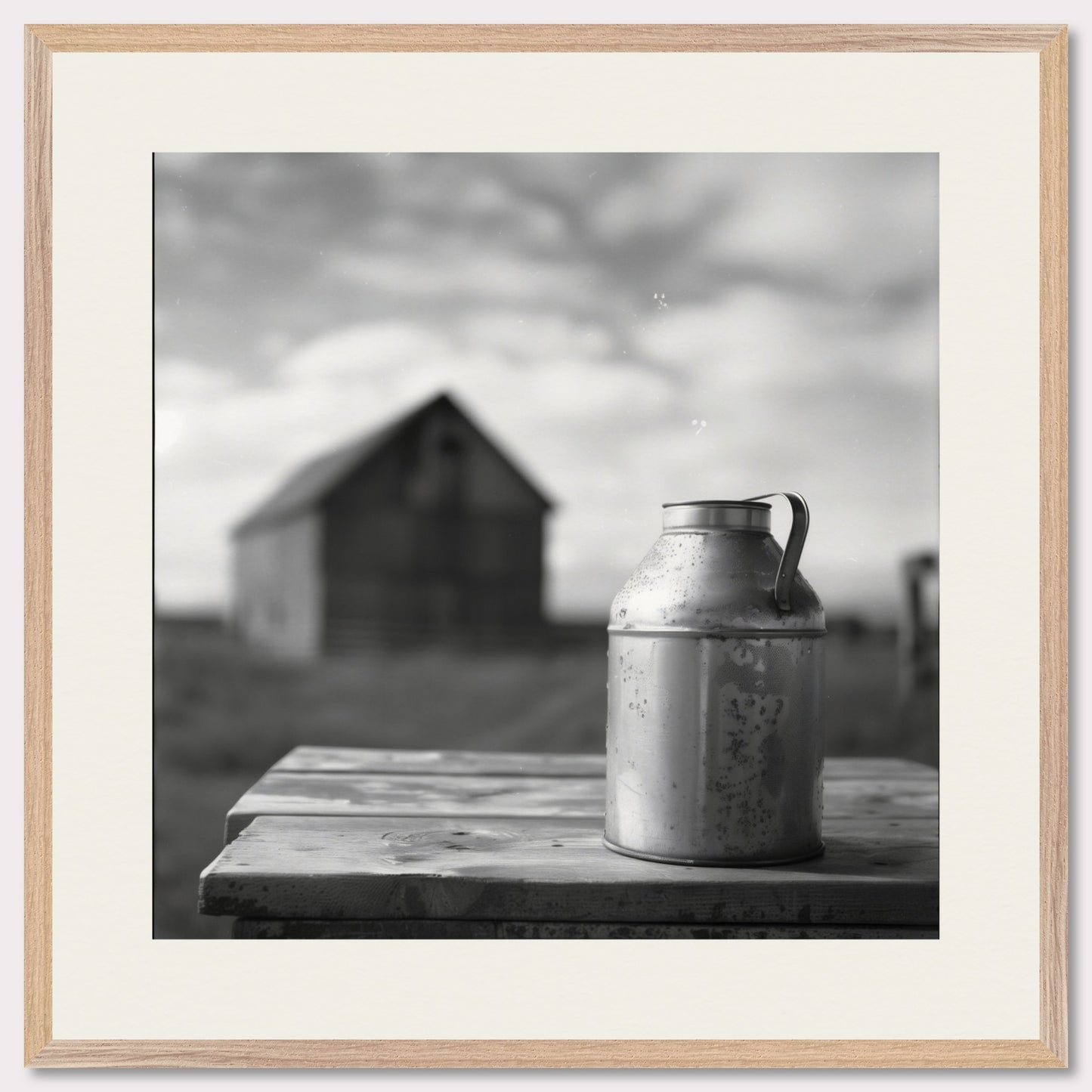 This is a black and white illustration showing a rustic scene. The focus is on an old metal milk can placed on a wooden table, with a blurred barn in the background under a cloudy sky.