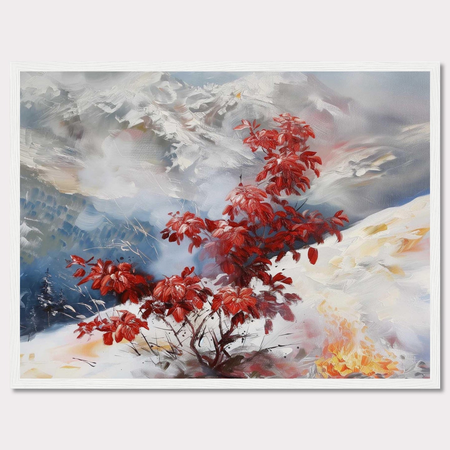 This captivating painting features a vibrant red bush standing out against a serene, snowy landscape. The background showcases majestic mountains partially obscured by mist, adding depth and mystery to the scene. The contrast between the fiery red leaves and the cool, muted tones of the snow and sky creates a striking visual effect.