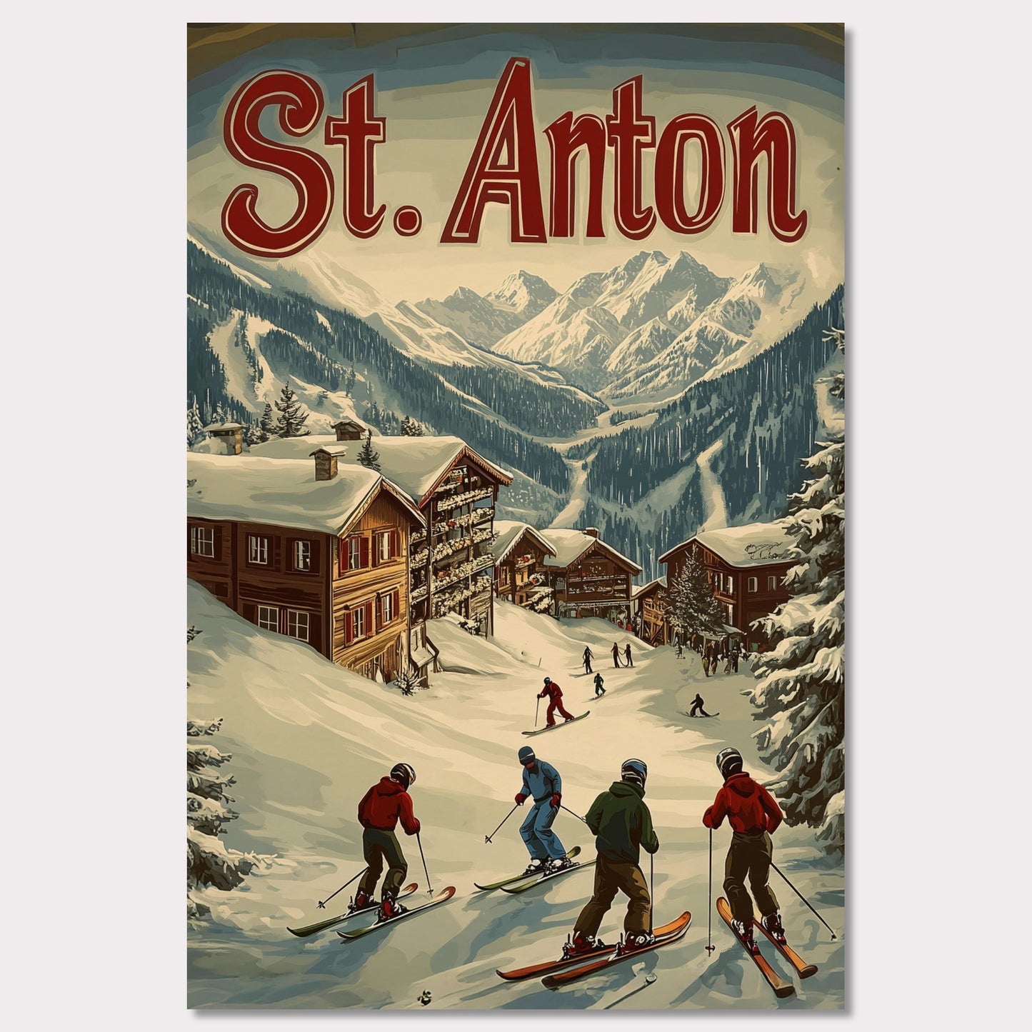 This stunning vintage-inspired poster depicts the idyllic town of St. Anton nestled beneath towering snow-capped peaks. The ski slopes are alive with activity, with skiers descending toward the charming wooden chalets. The warm hues in the sky add a sense of tranquility to the winter landscape, while the retro typography and art style transport the viewer to a time when winter holidays in the Alps were the height of elegance and adventure.