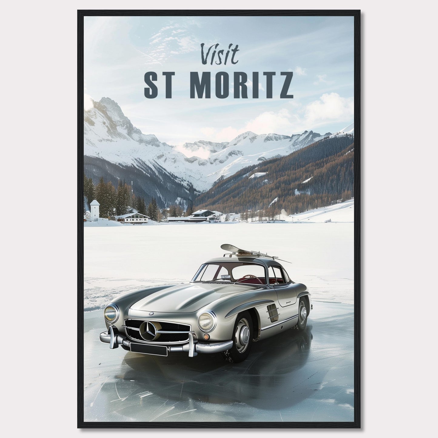 Discover the breathtaking beauty of St. Moritz with this stunning poster. Featuring a classic silver car parked on a frozen lake, surrounded by majestic snow-capped mountains and cozy alpine chalets.