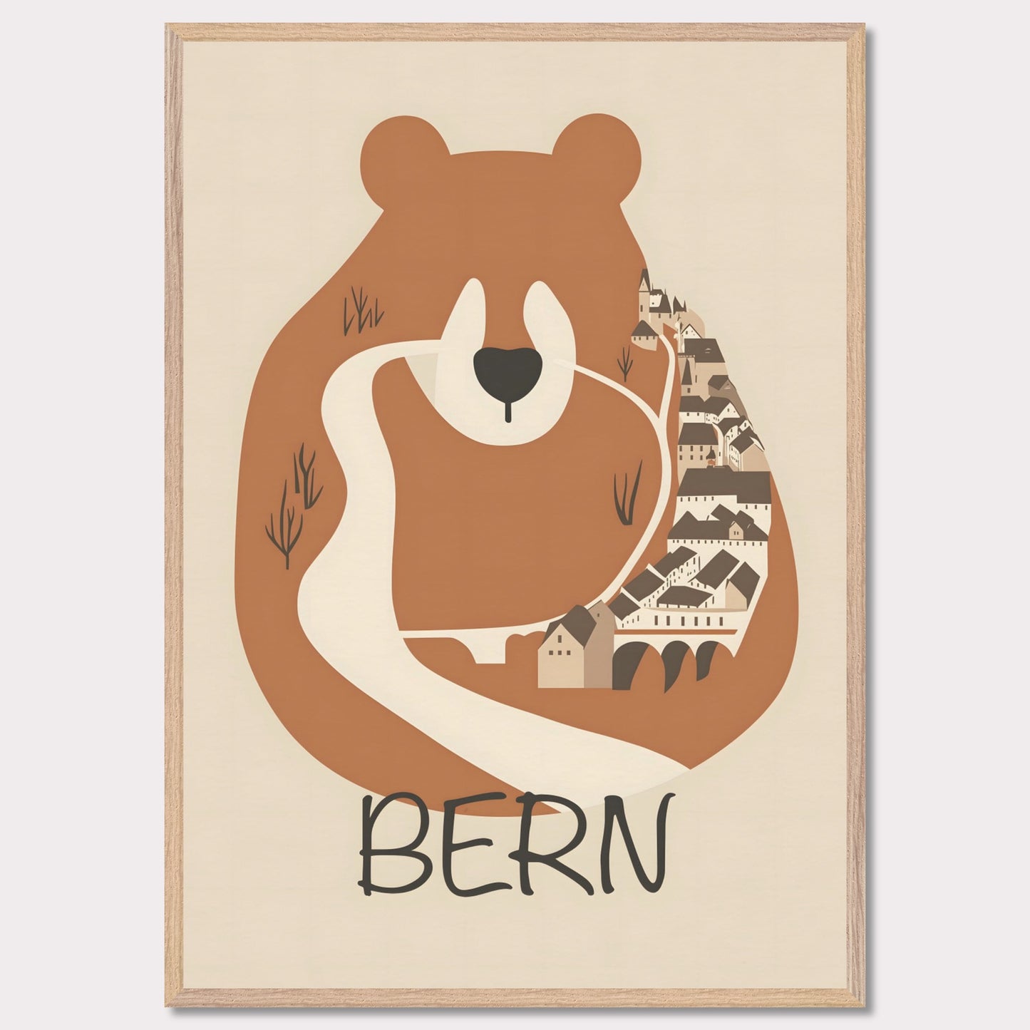 This charming poster features a stylized depiction of Bern, Switzerland, where the iconic bear—symbol of the city—seamlessly merges with the winding streets and historic architecture. The earthy tones and minimalist design evoke a sense of warmth and tradition, reflecting the city's rich history and natural surroundings.