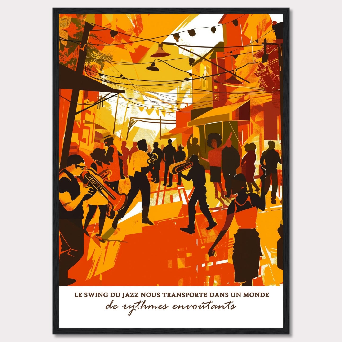 This vibrant illustration captures the lively atmosphere of a jazz street performance. Musicians with trumpets and trombones play energetically, surrounded by an enthusiastic crowd. The scene is bathed in warm hues of orange and yellow, evoking a sense of warmth and excitement.