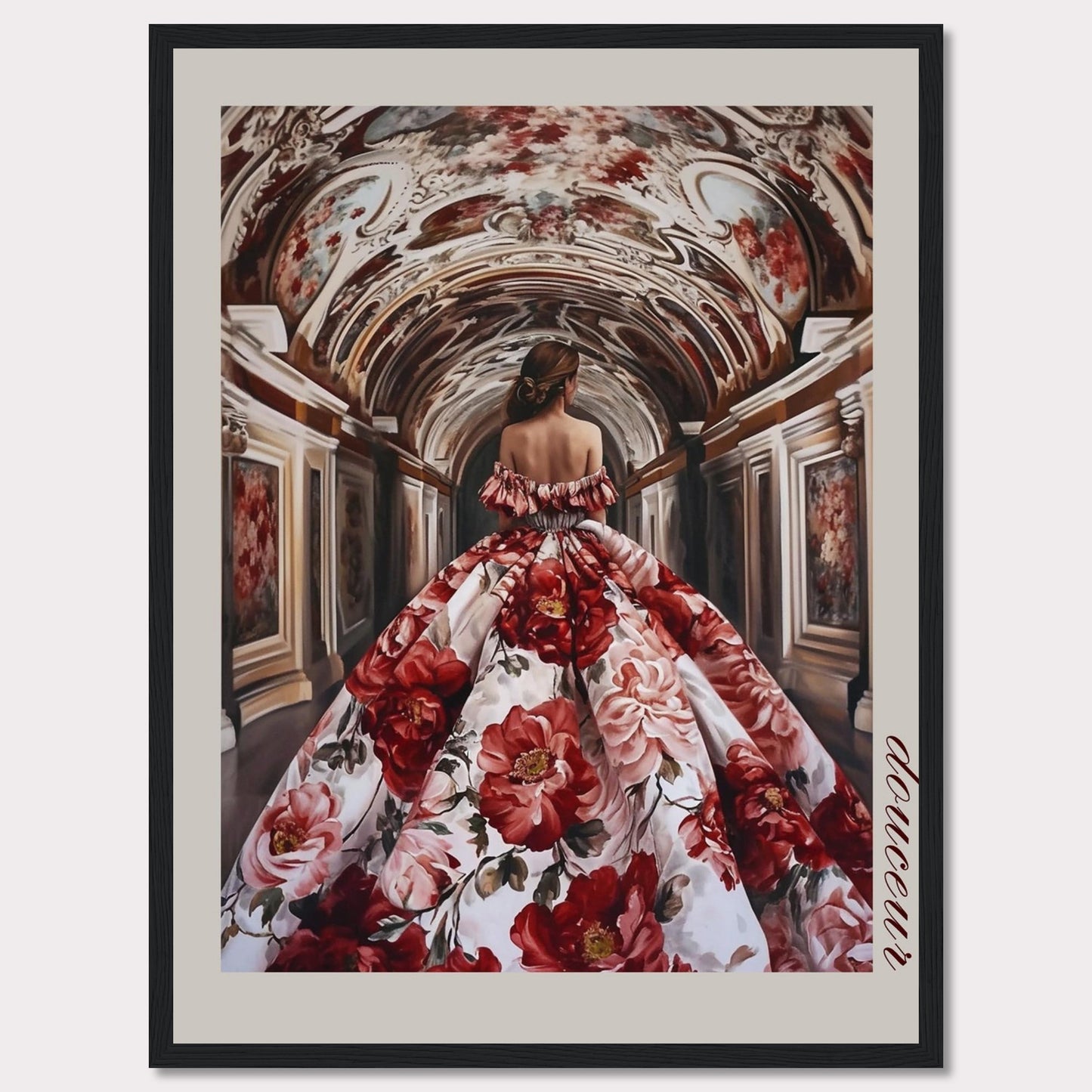 This stunning artwork features a woman in an opulent floral gown walking through an intricately decorated corridor. The scene exudes elegance and grandeur, capturing a moment of timeless beauty.