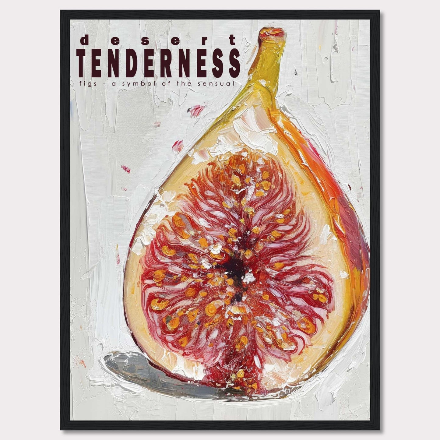 This image features an artistic representation of a fig, emphasizing its rich, sensual qualities. The painting uses bold brushstrokes and vibrant colors to highlight the intricate details of the fruit.