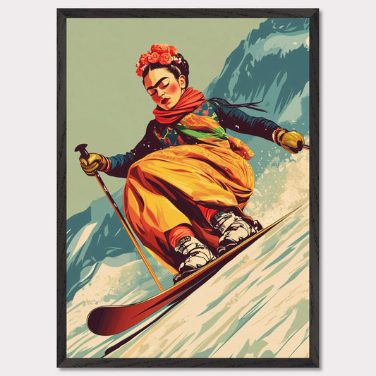 This captivating and artistic poster features Frida Kahlo skiing down a snow-covered slope, embracing both the thrill of winter sports and the vibrancy of her unique style. With a floral crown and colorful attire, Frida brings her creativity and strength to the slopes of the mountains, capturing the harmony between winter adventure and artistic expression. The retro color scheme adds to the vintage charm of the poster, making it a lively and powerful statement piece.