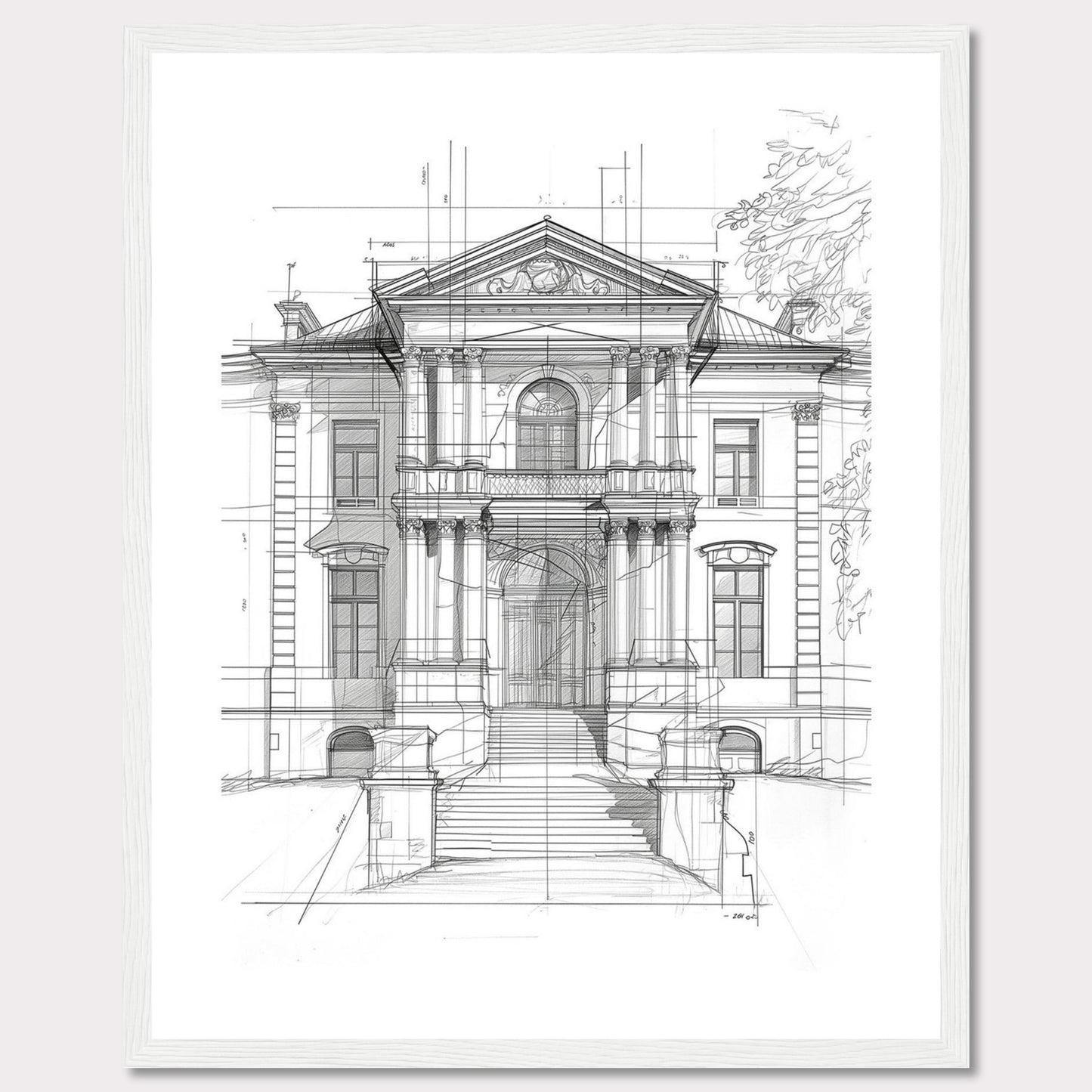 This image showcases an architectural sketch of a grand, classical building. The detailed drawing highlights the intricate design and majestic structure of the edifice.