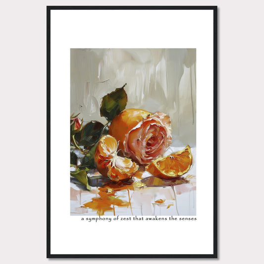 This captivating painting features a delicate rose intertwined with vibrant orange segments, creating a stunning contrast of colors and textures. The brushstrokes evoke a sense of freshness and vitality, making it a perfect piece to invigorate any space.