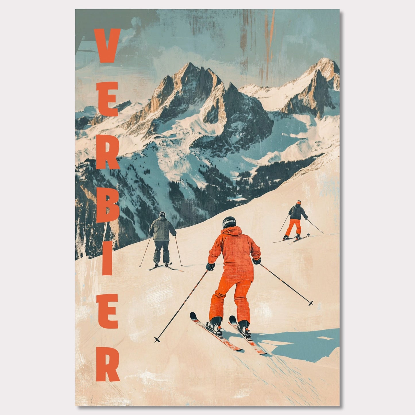 This retro-inspired poster vividly captures the exhilarating spirit of skiing in Verbier. A group of skiers clad in bold orange descends a pristine alpine slope, set against the majestic backdrop of rugged, snow-covered peaks. The textured vintage art style and muted color palette evoke nostalgia while celebrating the dynamic energy of winter sports.