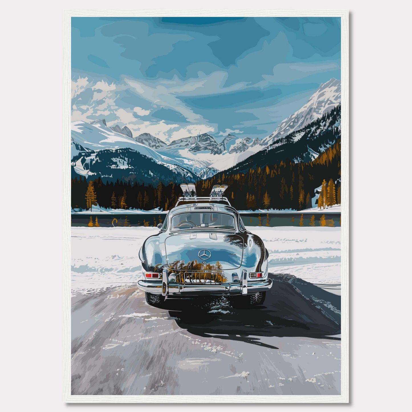 This artwork features a classic car parked on a snowy road with breathtaking snow-capped mountains and a serene lake in the background.