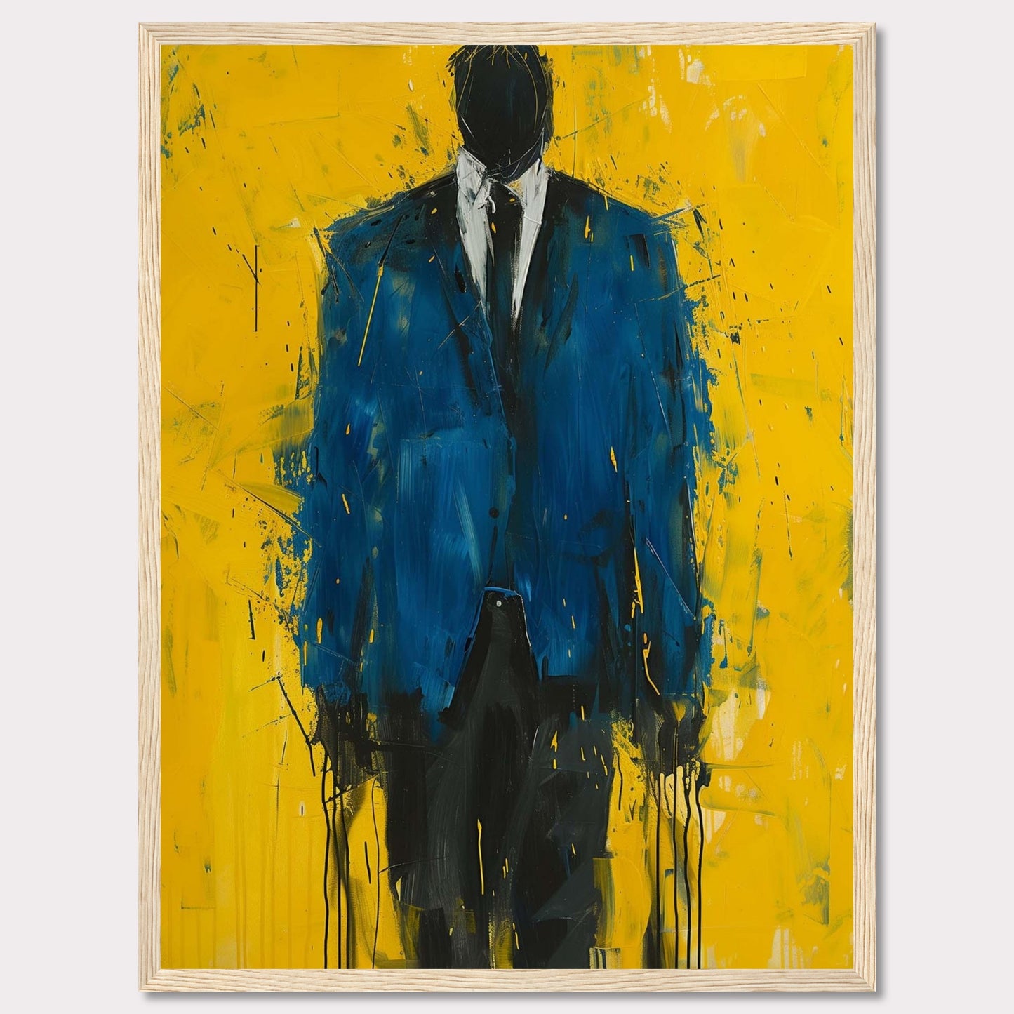 This striking painting features a faceless figure in a blue suit against a vibrant yellow background. The abstract style and bold colors create a powerful visual impact.