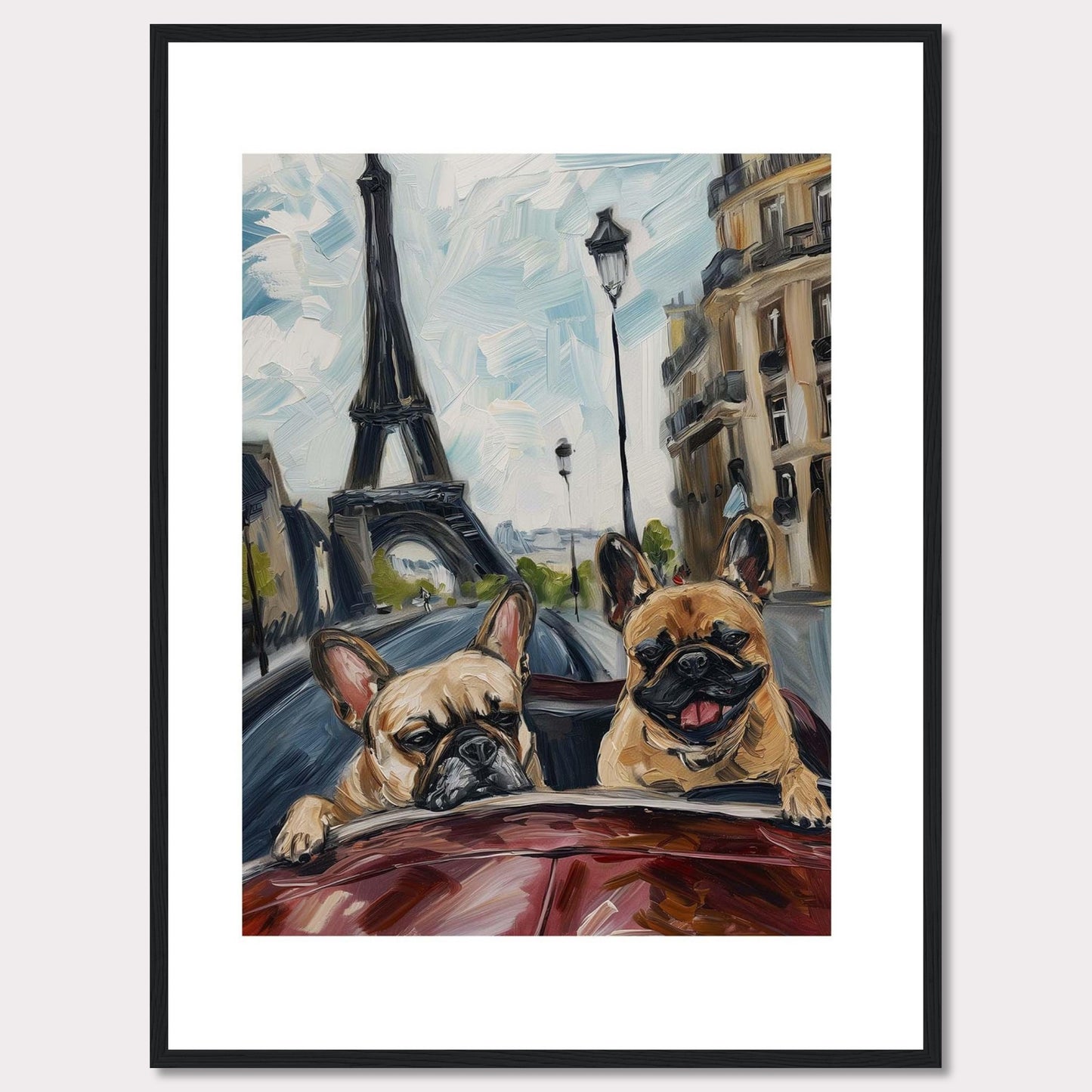 This vibrant painting captures two adorable French Bulldogs enjoying a ride in a car with the iconic Eiffel Tower in the background. The artwork beautifully blends elements of Parisian architecture, street lamps, and the joyful expressions of the dogs.