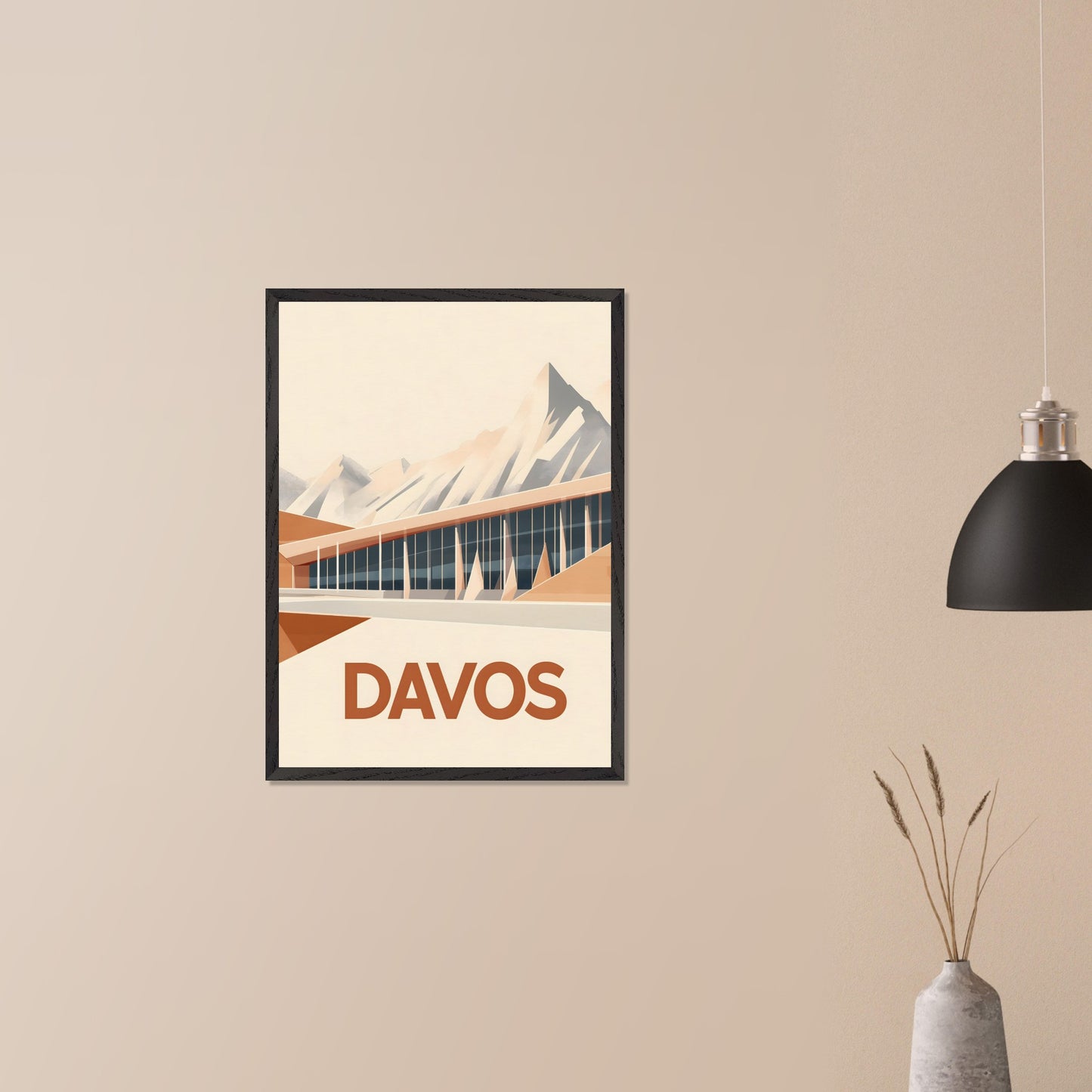 An artistic depiction of Davos, where a contemporary structure stretches along the base of snow-covered peaks. The smooth design of the building complements the sharp mountain ridges, creating a stunning contrast.