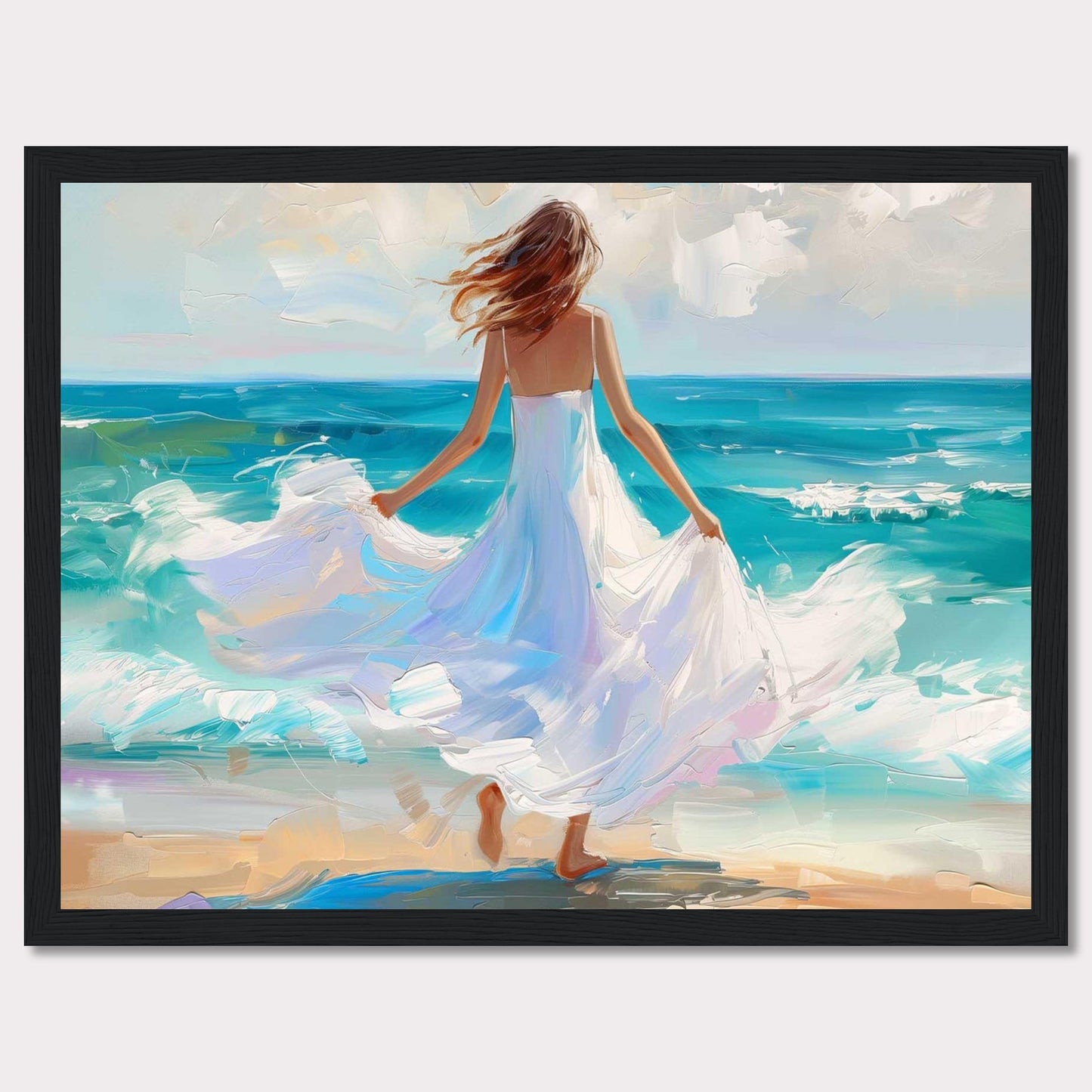 This stunning painting captures a serene moment of a woman in a flowing white dress standing at the edge of the ocean, with waves gently crashing onto the shore. The vibrant colors and dynamic brushstrokes bring this scene to life, evoking a sense of peace and freedom.