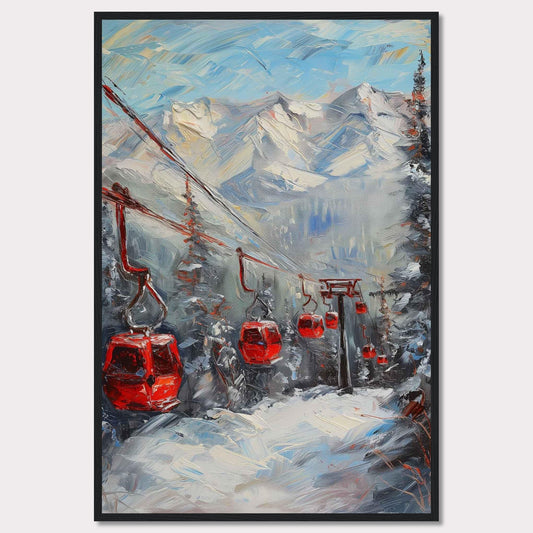 This captivating painting showcases a vibrant winter scene with red cable cars gliding through a snowy mountain landscape.