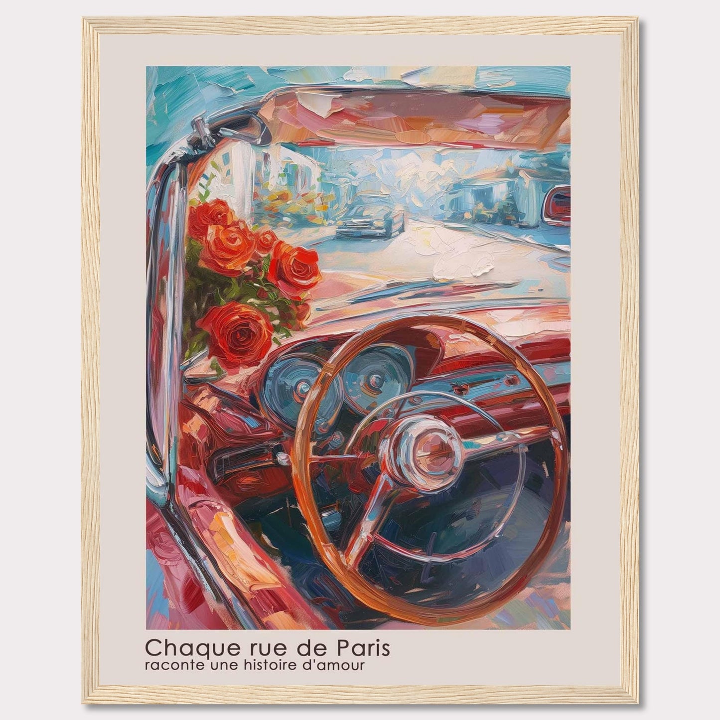 This vibrant painting captures the essence of a romantic drive through Paris. The artwork features a classic car's steering wheel, a bouquet of red roses, and a bright, bustling street scene in the background.