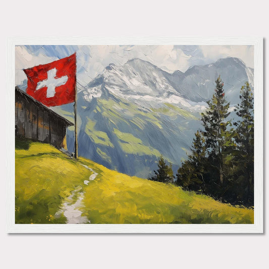 This stunning painting captures the serene beauty of a Swiss alpine landscape. A quaint wooden cabin is perched on a lush green hillside, with a vibrant Swiss flag fluttering proudly beside it. Majestic snow-capped mountains rise in the background, contrasting beautifully with the verdant foreground. Tall evergreen trees add depth and texture to the scene.