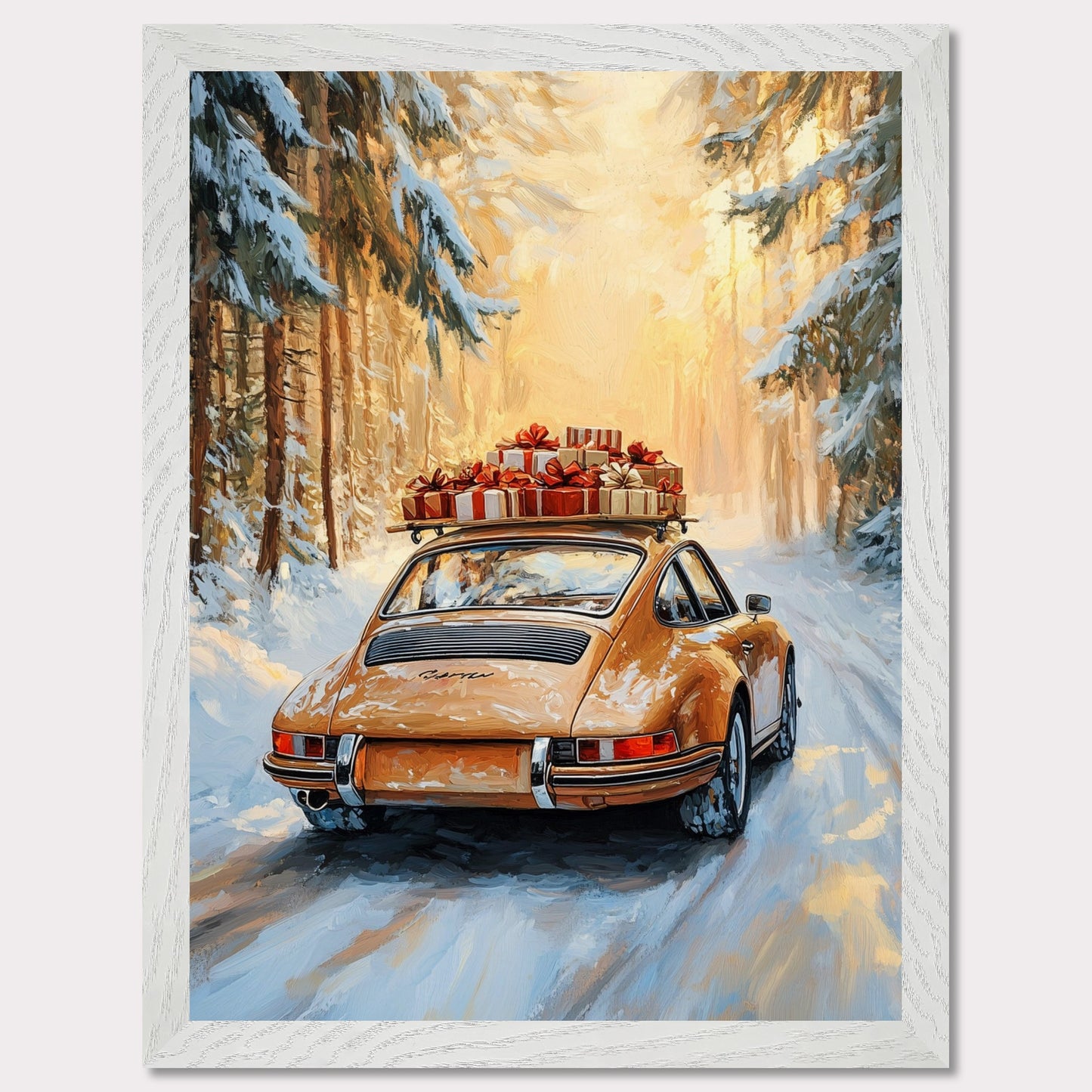 This festive poster showcases a yellow Porsche navigating a snow-covered path with holiday presents stacked on its roof. The warm glow from the trees lining the road creates a magical winter scene, while the "Merry Christmas" typography evokes the warmth and joy of the holiday season. The combination of sleek design and a peaceful winter landscape makes this a perfect holiday greeting.