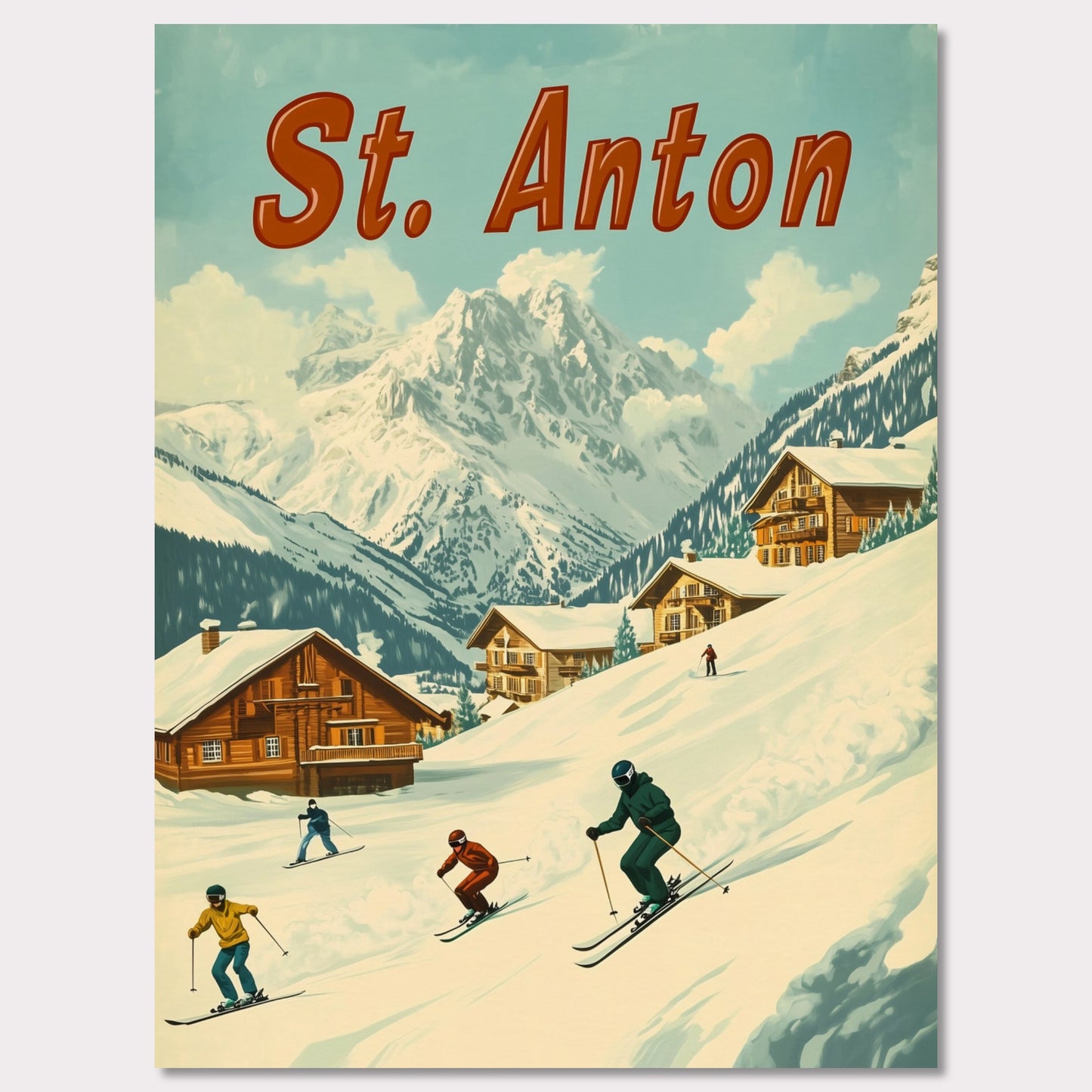 This vibrant retro-style poster captures the thrilling energy of skiing in St. Anton. The scene depicts skiers carving down the slopes, with picturesque alpine chalets nestled in the snow-covered hills and the majestic mountains towering in the background. The warm tones of the sky and the clean, crisp snow evoke the exhilarating experience of a winter sports haven. The bold retro typography adds a touch of nostalgia, perfectly highlighting the charm and adventure of St. Anton.