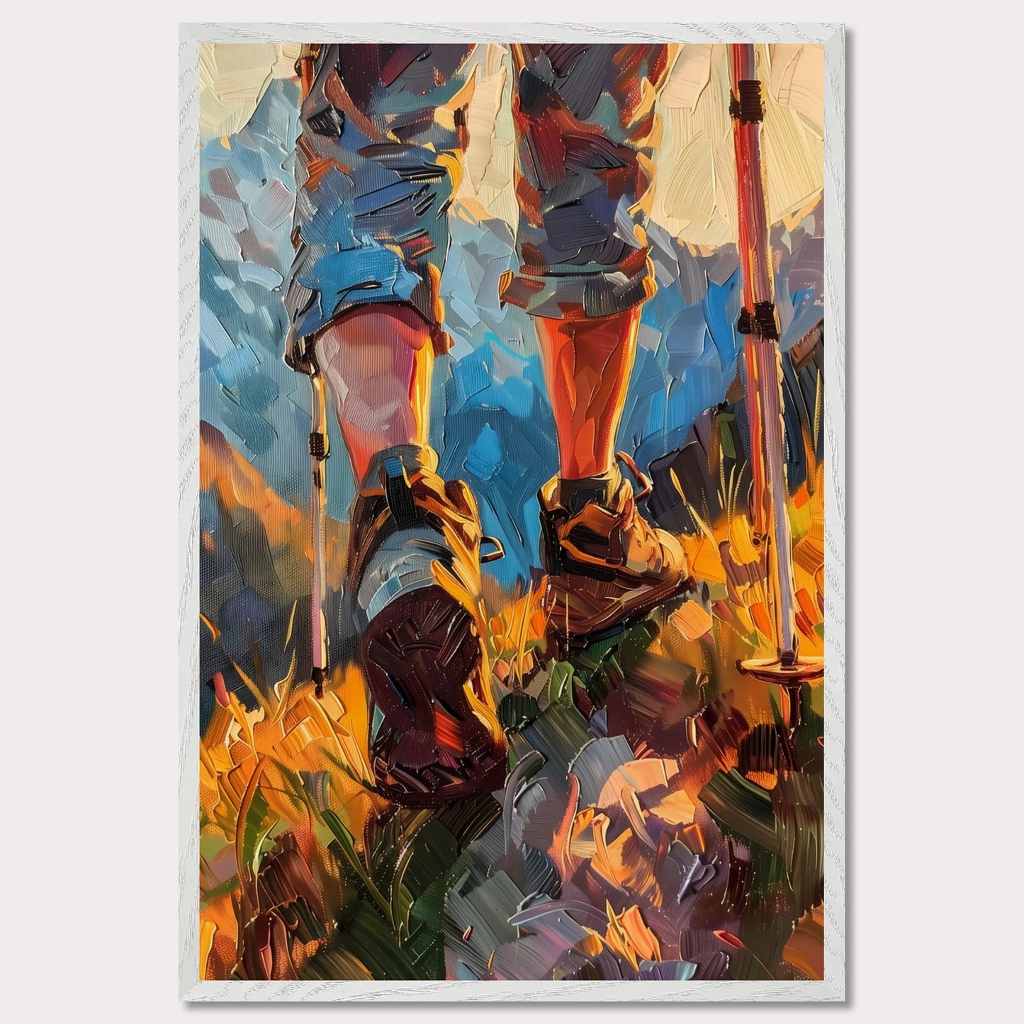 This illustration depicts a hiker's legs and feet as they traverse a vibrant, mountainous landscape. The scene is painted with bold, expressive brushstrokes, emphasizing the dynamic movement and rugged terrain.