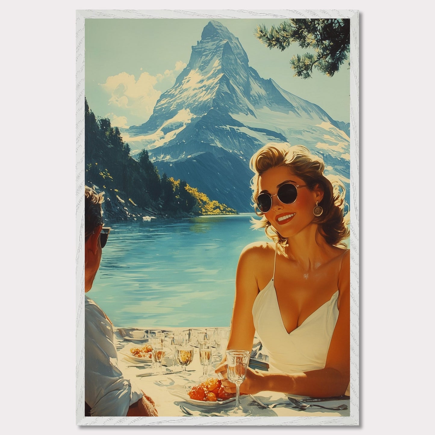 This illustration depicts a scenic outdoor dining setting by a lake with snowy mountains in the background. A woman in sunglasses and a white dress is smiling while holding a glass, and a man is sitting across from her.