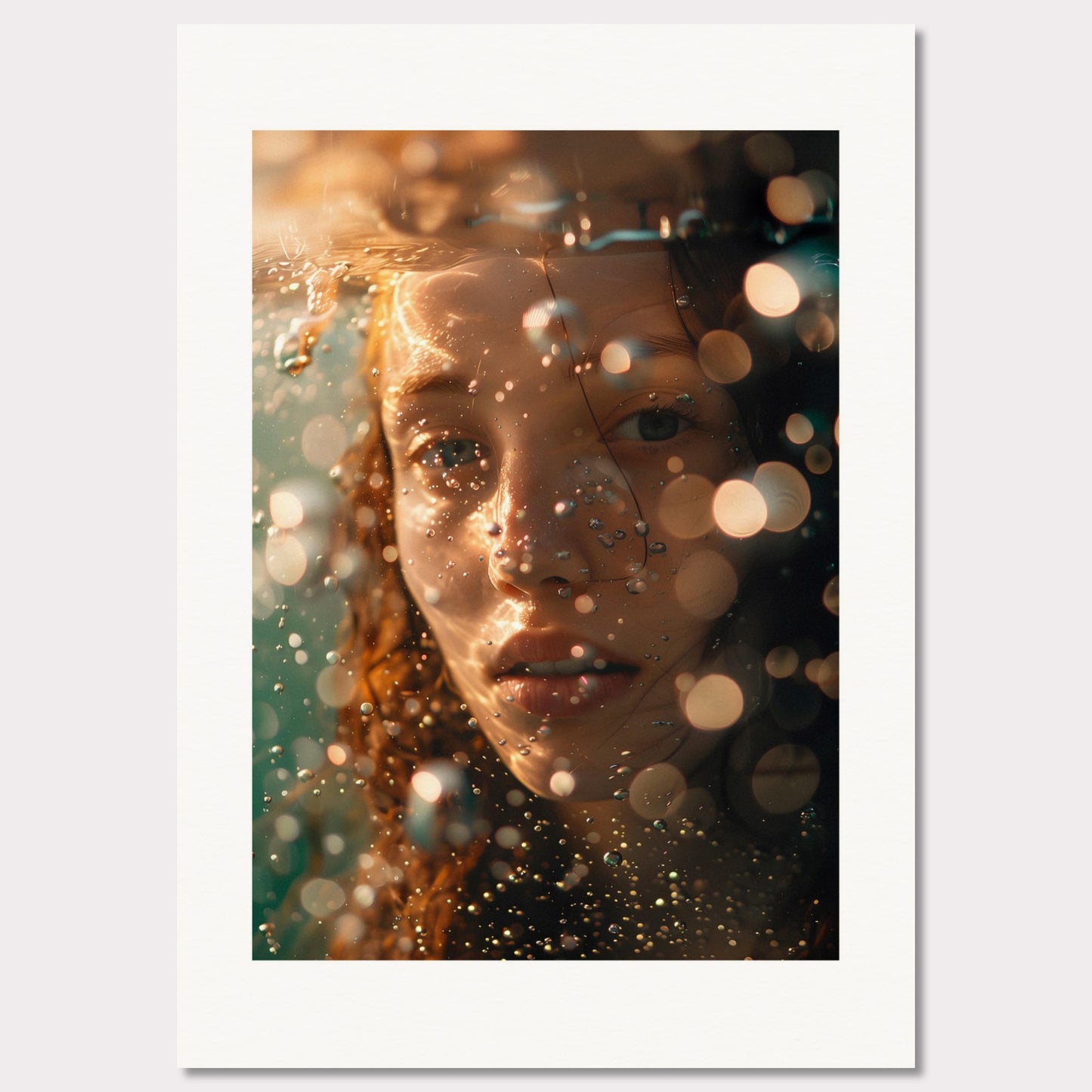 A close-up, artistic photograph of a person's face submerged in water, with light reflections and bokeh effects creating an ethereal atmosphere.

This poster would fit well in modern living rooms, art studios, bedrooms, or any space that appreciates contemporary and artistic photography.