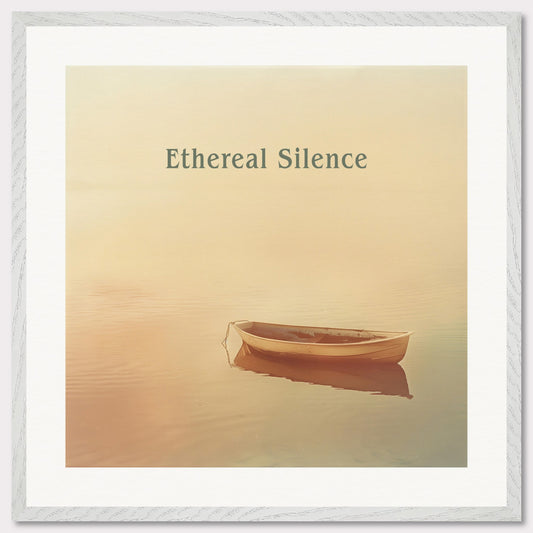 This serene photograph features a solitary rowboat gently floating on calm waters under a soft, ethereal light. The words "Ethereal Silence" are elegantly displayed above the boat, enhancing the tranquil atmosphere.