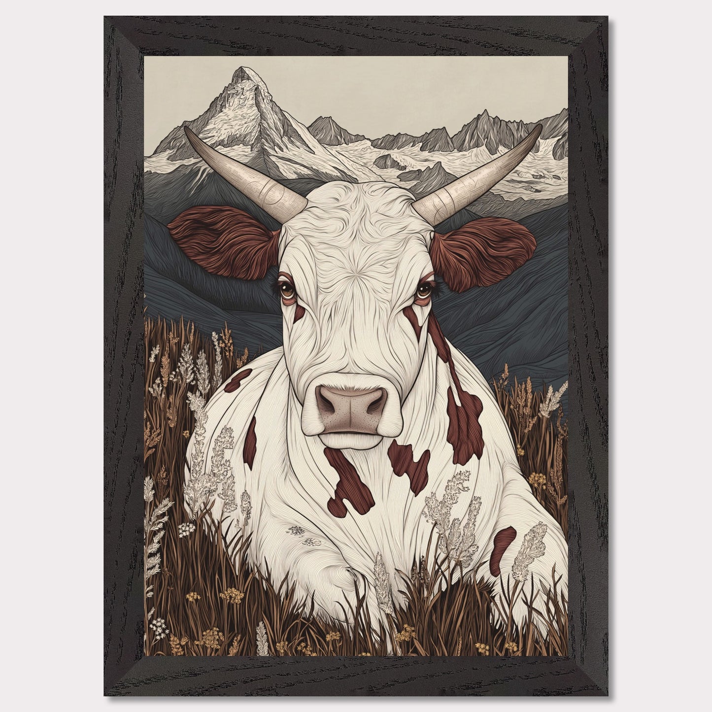 This beautifully detailed poster portrays a tranquil scene of alpine life with a focus on the harmonious connection between nature and animals. A striking cow with intricate features gazes directly at the viewer, creating a sense of intimacy, while the majestic Matterhorn looms in the background. The combination of soft earth tones and delicate linework evokes a rustic yet modern aesthetic.