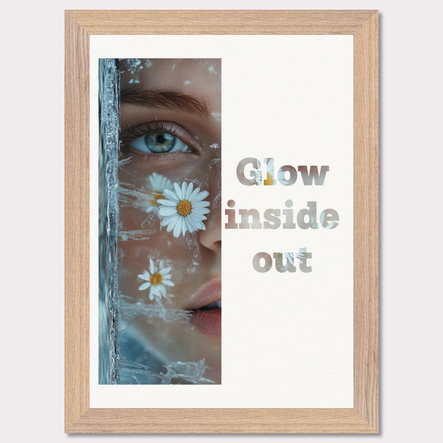 This illustration features a close-up of a person's face with daisies and ice crystals. The text "Glow inside out" is prominently displayed beside the image.

Where will this poster fit: Living room, bedroom, office, hallway, or studio.