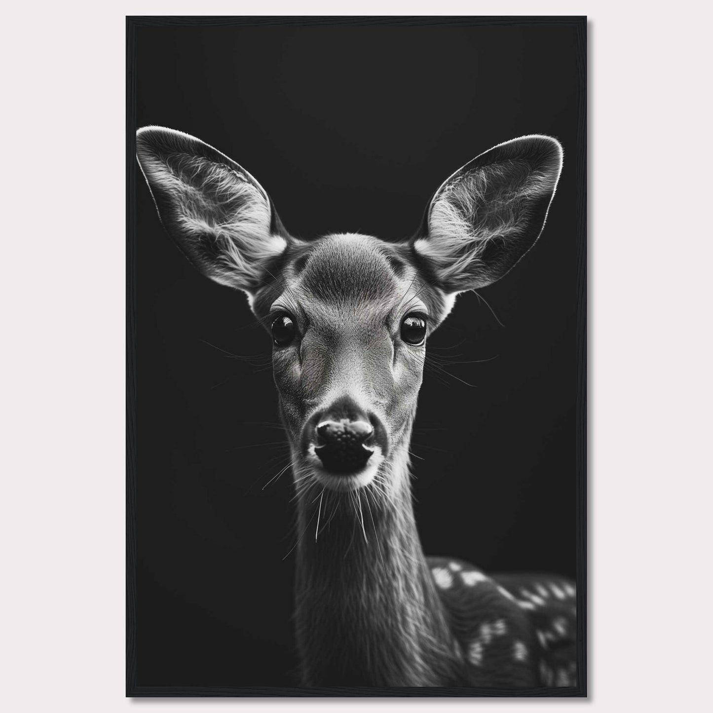 This captivating black and white photograph features a close-up of a young deer, highlighting its delicate features and expressive eyes. The dark background accentuates the deer's soft fur and intricate details, creating a striking contrast that draws the viewer in.