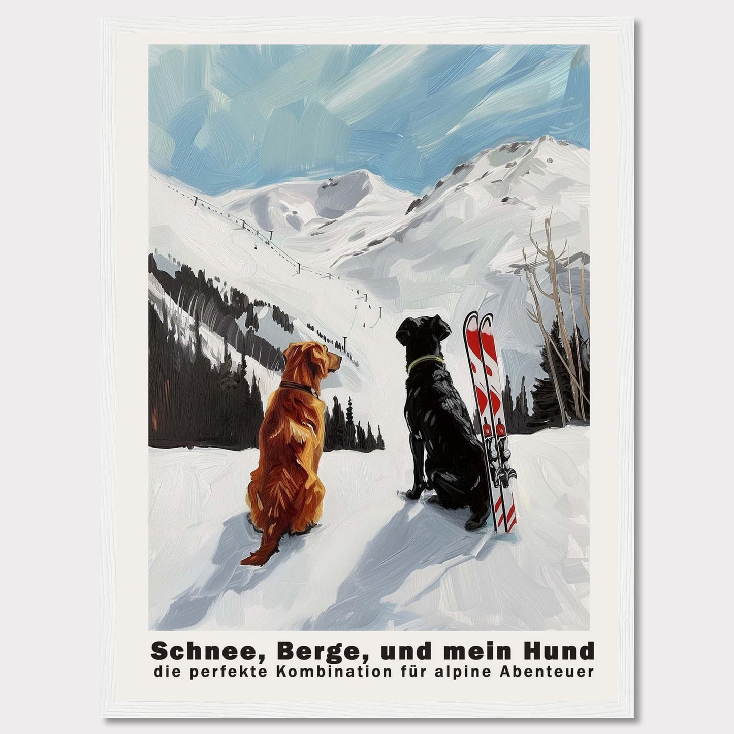 This image depicts two dogs sitting in the snow, gazing at a snowy mountain landscape. Next to them is a pair of skis, suggesting an alpine adventure. The sky is clear with a few clouds, adding to the serene and adventurous atmosphere.