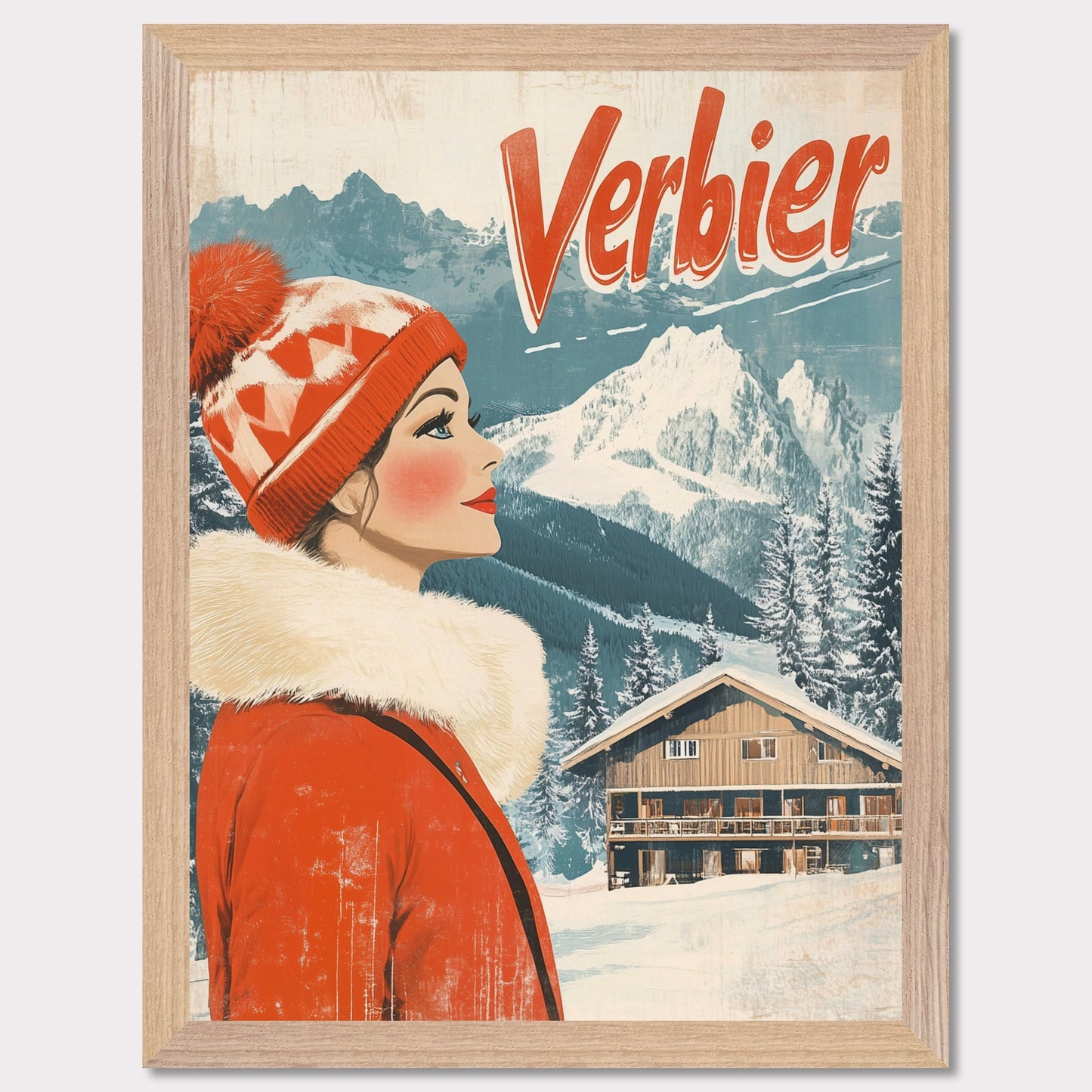 This elegant retro-style poster features a woman in a stylish red winter coat and pom-pom hat, looking towards the majestic Verbier mountains. The soft pastel tones and crisp white snow provide a serene backdrop, while the vintage design and typography evoke a sense of sophistication and timeless charm. The poster conveys the allure of Verbier as both an adventure and a refined escape into nature’s beauty.