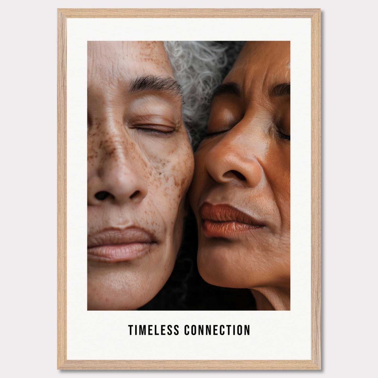 This illustration shows a close-up view of two elderly individuals with their eyes closed, conveying a sense of peace and connection. The text "TIMELESS CONNECTION" is displayed at the bottom.

This poster would fit well in a living room, bedroom, or any space meant for relaxation and reflection.