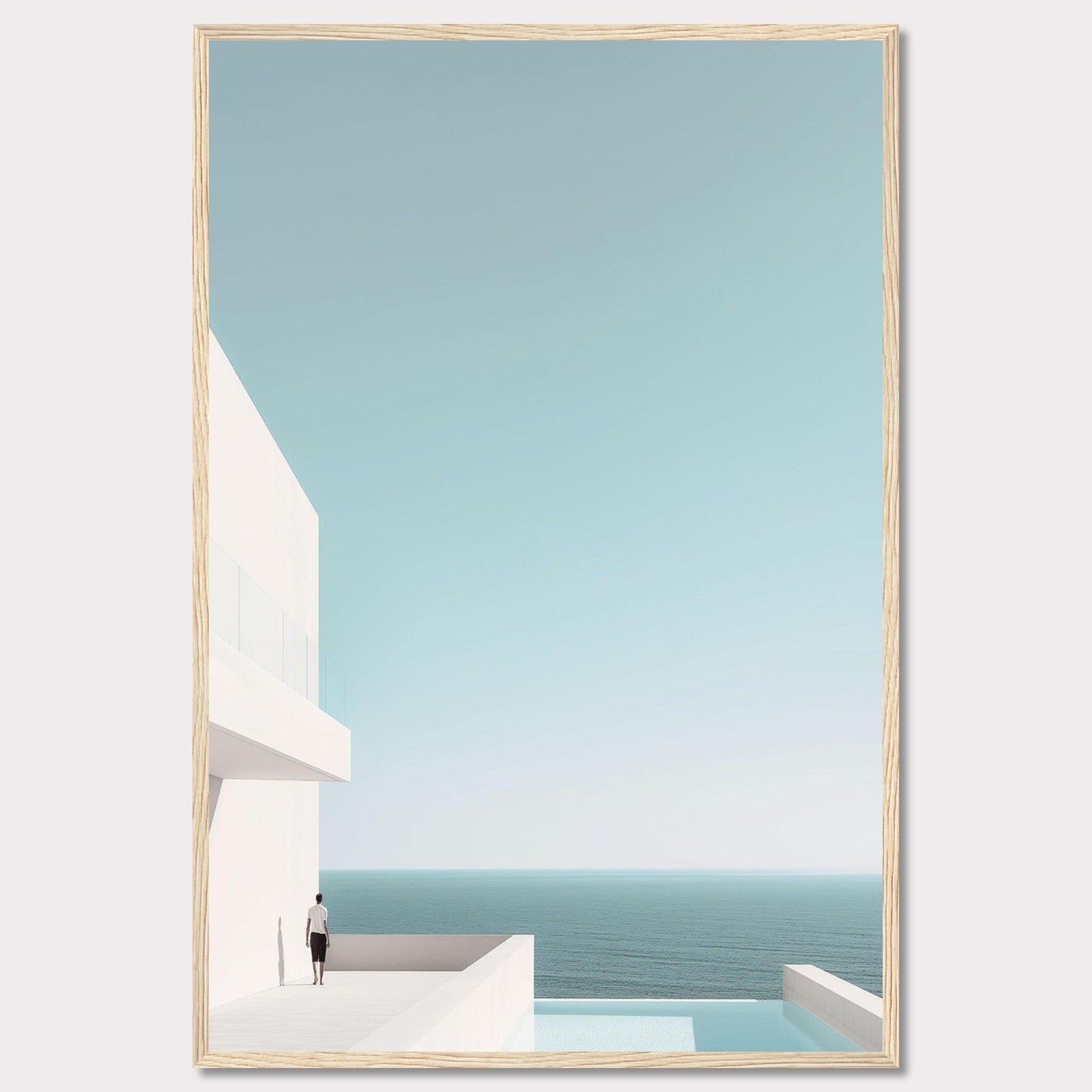 This serene image captures a minimalist coastal scene featuring a modern white building overlooking the tranquil ocean. A solitary figure stands on a balcony, gazing out at the expansive sea and clear sky. The composition exudes calmness and simplicity, inviting viewers to embrace a moment of peaceful reflection.