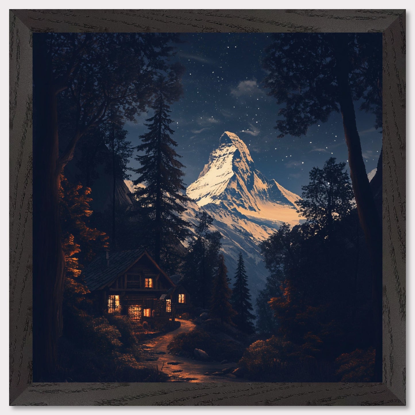 This breathtaking poster showcases the iconic Matterhorn mountain towering over a tranquil village at night, with the snow gently illuminated by the moon. The retro-inspired design and warm lighting from the chalets create a peaceful and majestic atmosphere, emphasizing the serene beauty of the Swiss Alps. This timeless poster captures the allure of winter in the Alps, making it a perfect reminder of the awe-inspiring landscapes and alpine tranquility.