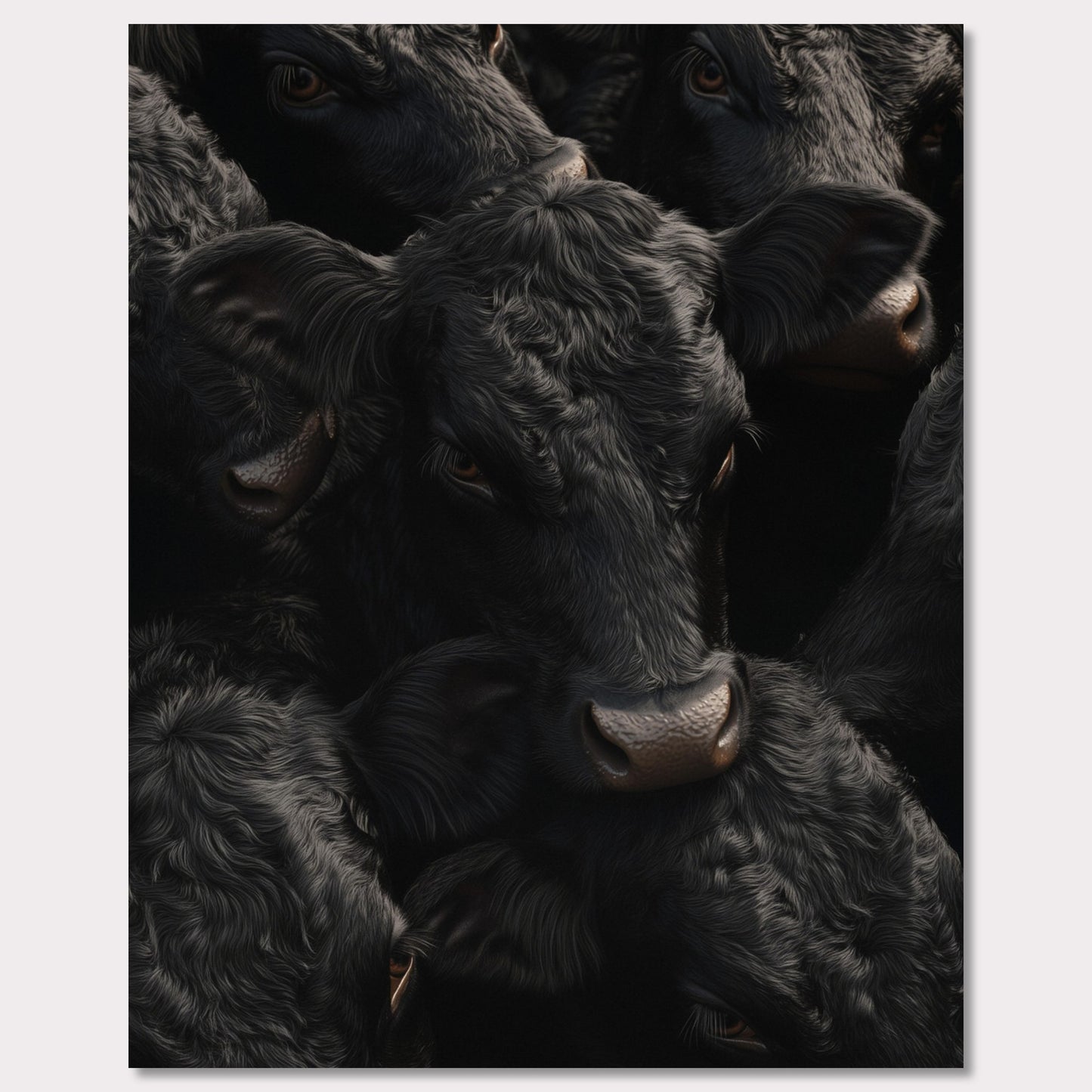 This captivating artwork features a close-up view of several black cows, their faces and textures intricately detailed. The image exudes a sense of unity and calmness among the animals.