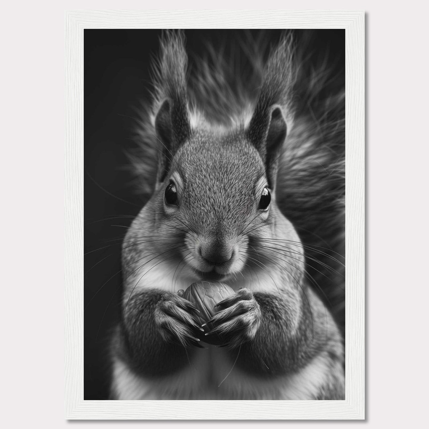 This captivating black and white photograph showcases a close-up of a squirrel holding a nut. The fine details of the squirrel's fur and the texture of the nut are beautifully highlighted, creating a striking contrast against the dark background. The squirrel's focused gaze adds an element of intensity to the image.