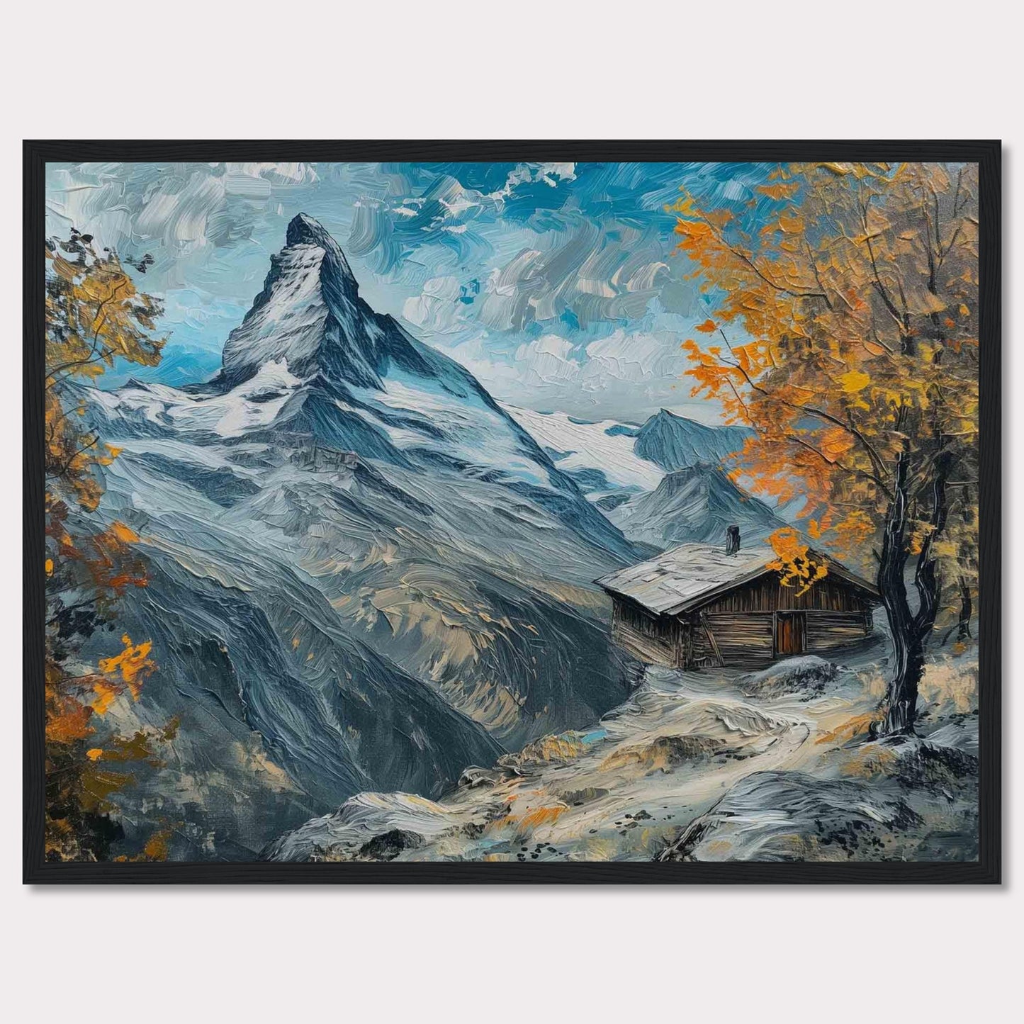 This stunning painting captures a serene mountain landscape with a quaint cabin nestled among the snow-covered peaks. The vibrant autumn foliage adds a splash of color against the majestic backdrop of towering mountains and a clear blue sky.