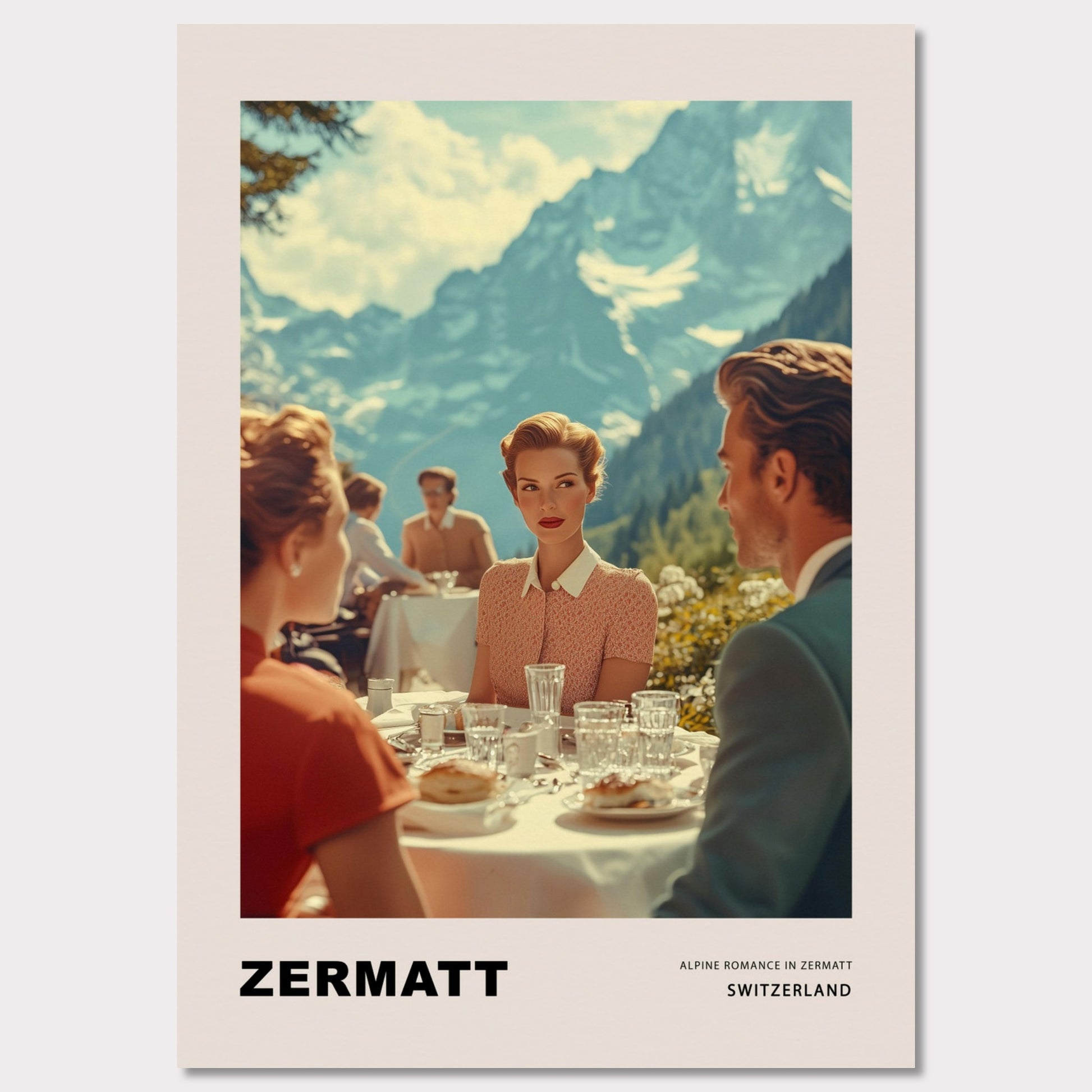 This poster transports us to a world of elegant romance amidst the mountainous landscapes of Zermatt, Switzerland. At the center of the scene is a refined woman with a romantic, enigmatic gaze directed at the man across the table on a café terrace, set against the majestic backdrop of the Alps. 