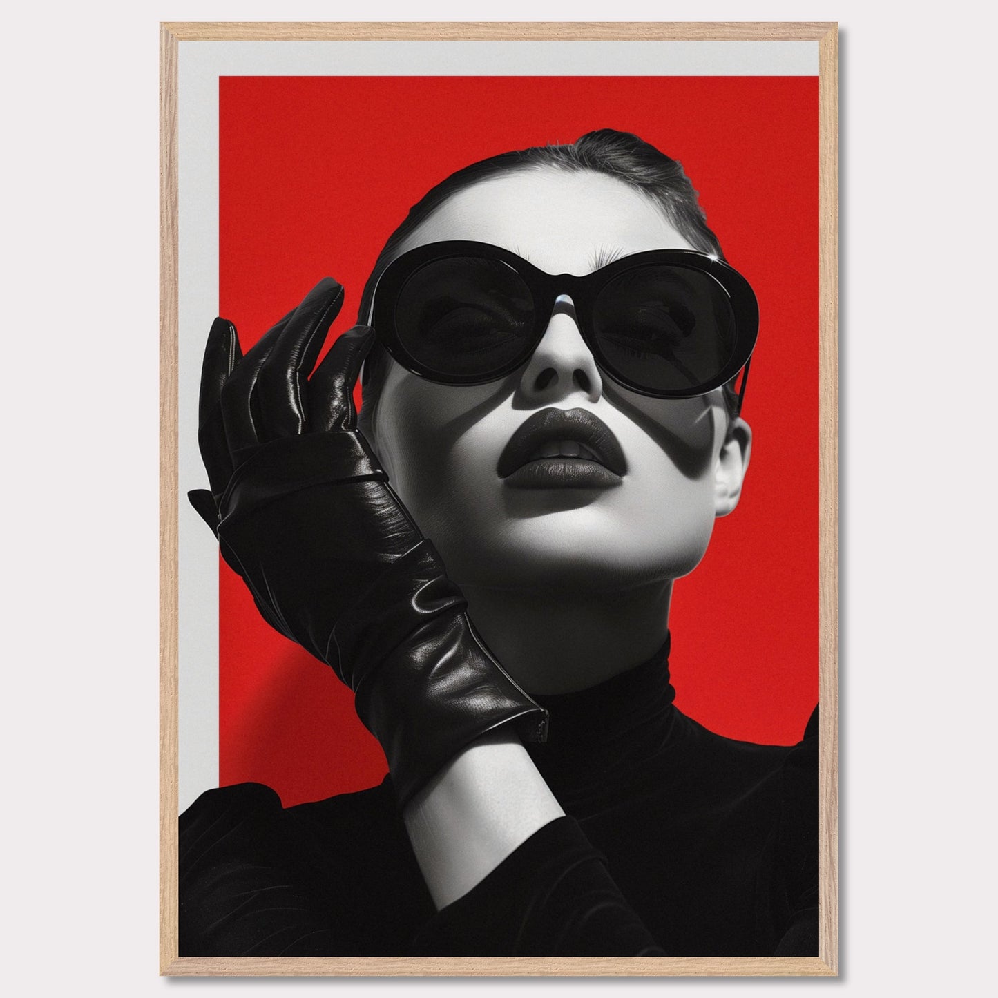 This striking black and white portrait features a stylish woman against a bold red background. Her look is accentuated by oversized sunglasses, dark lipstick, and sleek leather gloves, exuding an air of mystery and sophistication.