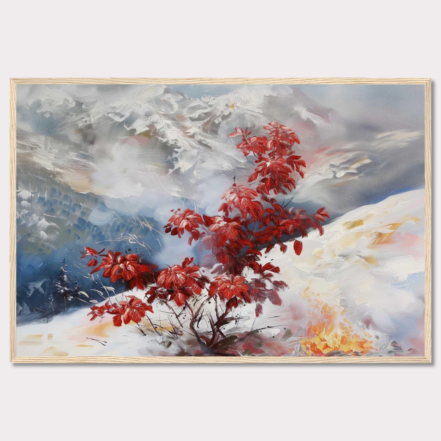 This captivating painting features a vibrant red bush standing out against a serene, snowy landscape. The background showcases majestic mountains partially obscured by mist, adding depth and mystery to the scene. The contrast between the fiery red leaves and the cool, muted tones of the snow and sky creates a striking visual effect.