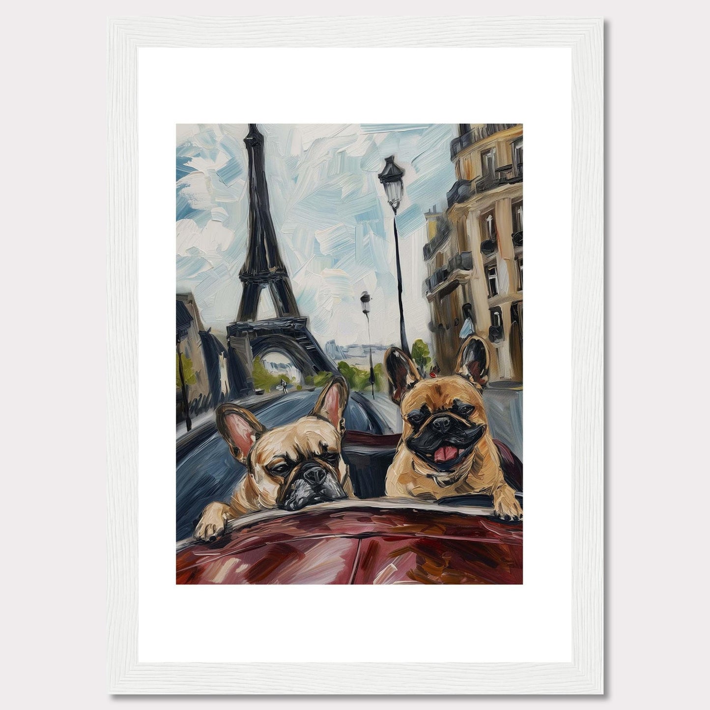 This vibrant painting captures two adorable French Bulldogs enjoying a ride in a car with the iconic Eiffel Tower in the background. The artwork beautifully blends elements of Parisian architecture, street lamps, and the joyful expressions of the dogs.