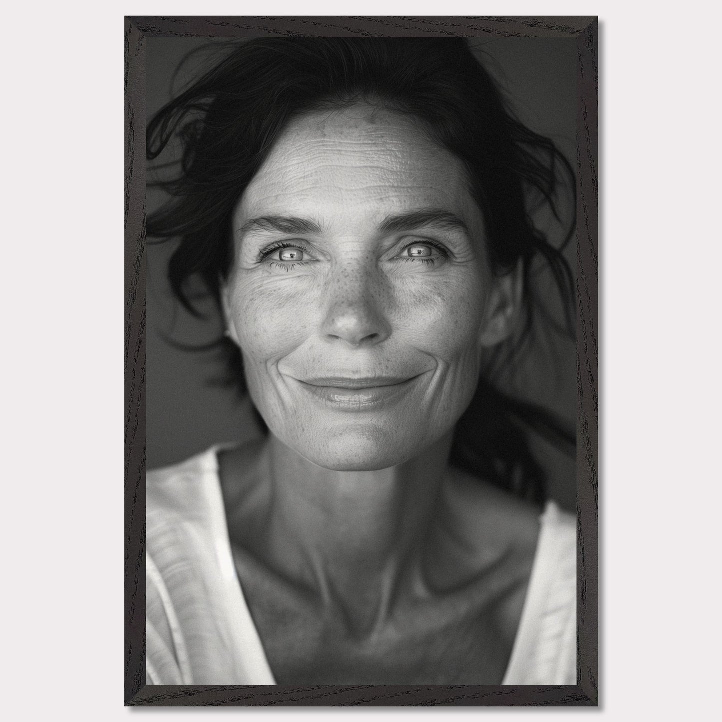 This black and white portrait captures the serene and confident expression of a woman with striking eyes and a gentle smile. The image highlights her natural beauty, emphasizing her freckles and the texture of her skin.