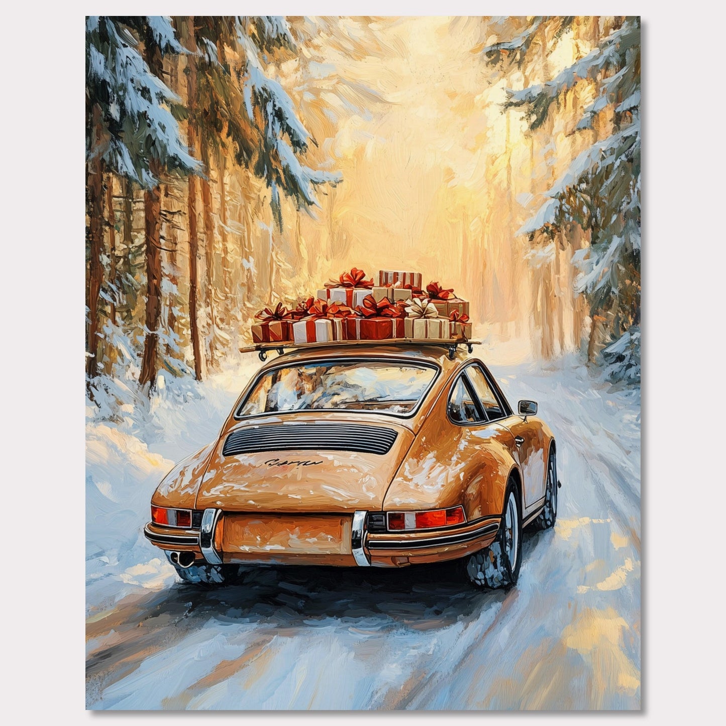 This festive poster showcases a yellow Porsche navigating a snow-covered path with holiday presents stacked on its roof. The warm glow from the trees lining the road creates a magical winter scene, while the "Merry Christmas" typography evokes the warmth and joy of the holiday season. The combination of sleek design and a peaceful winter landscape makes this a perfect holiday greeting.