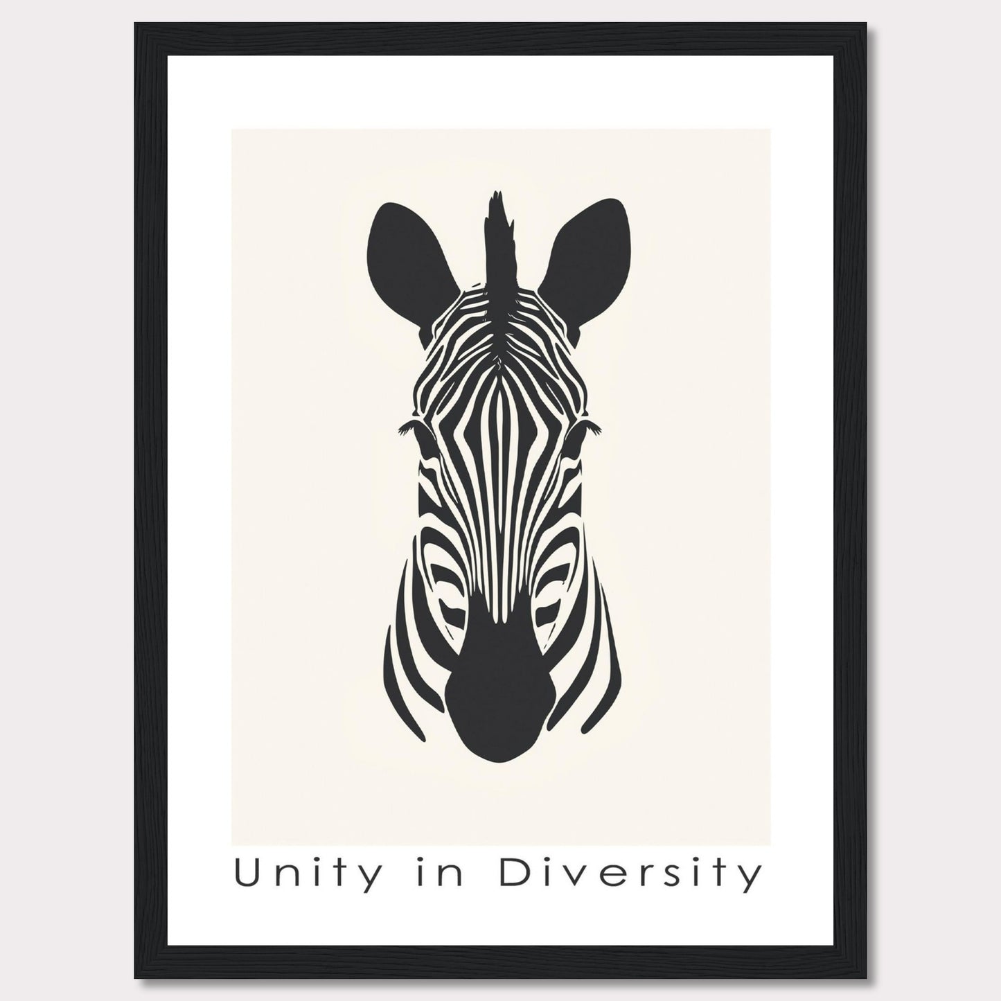 This image features a minimalist black and white illustration of a zebra's head, centered on a light background. Below the illustration, the phrase "Unity in Diversity" is prominently displayed.